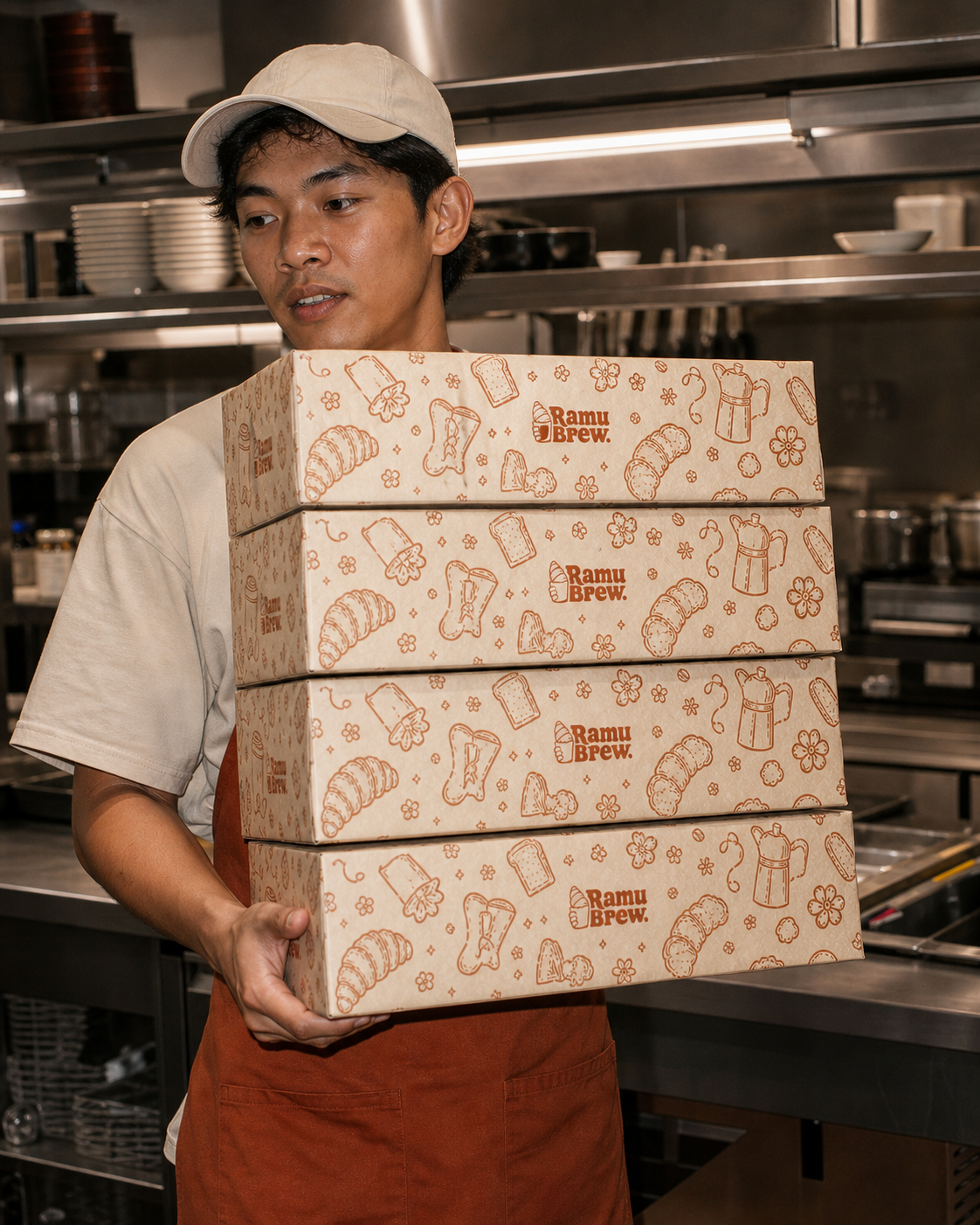 Staf Ramu Brew membawa kotak pastry